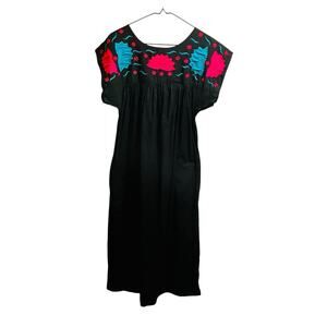 Vtg Black Applique' Peasant Folk Boho Hippie Cotton House Dress Sz-Small Pockets